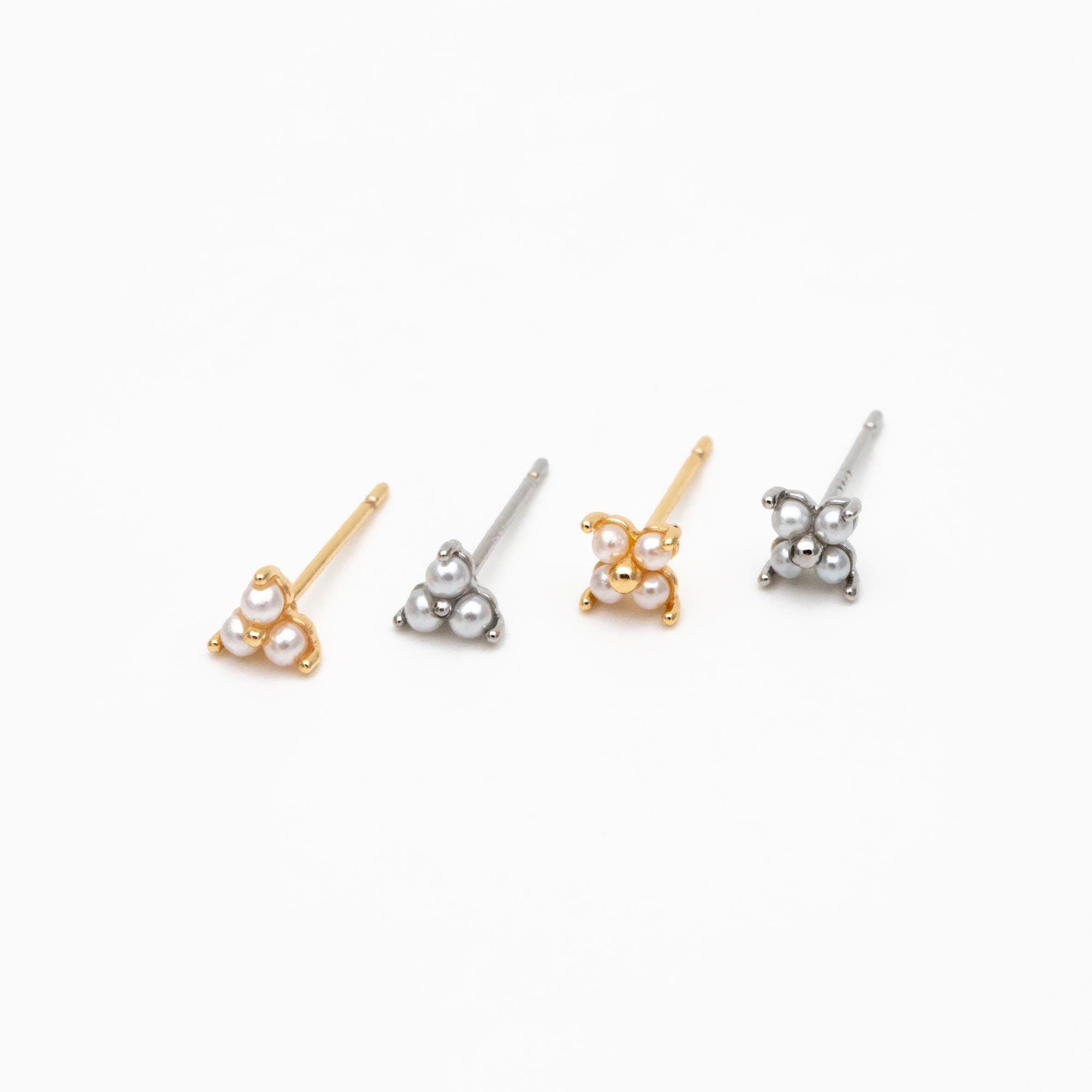 10pcs Faux Pearl Pave Gold/ Silver Tone Flower Earrings, Gold/ Rhodium Plated Brass Tiny Stud Earring (#GB-4593)